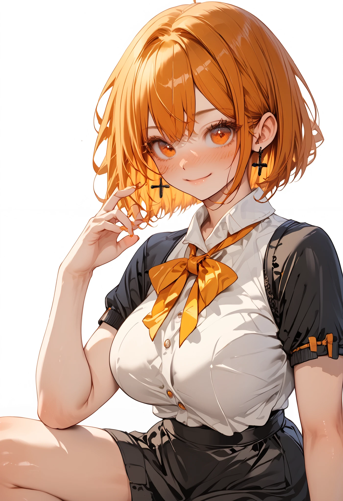 1cute girl,thin and long,large breasts,solo,alone,Looking at viewer,impish smile,nose blush,short hair,amber orange hair,short sleeves,(High heel)Random pose,White background:1.5,masterpiece,best quality,very aesthetic,absurdres