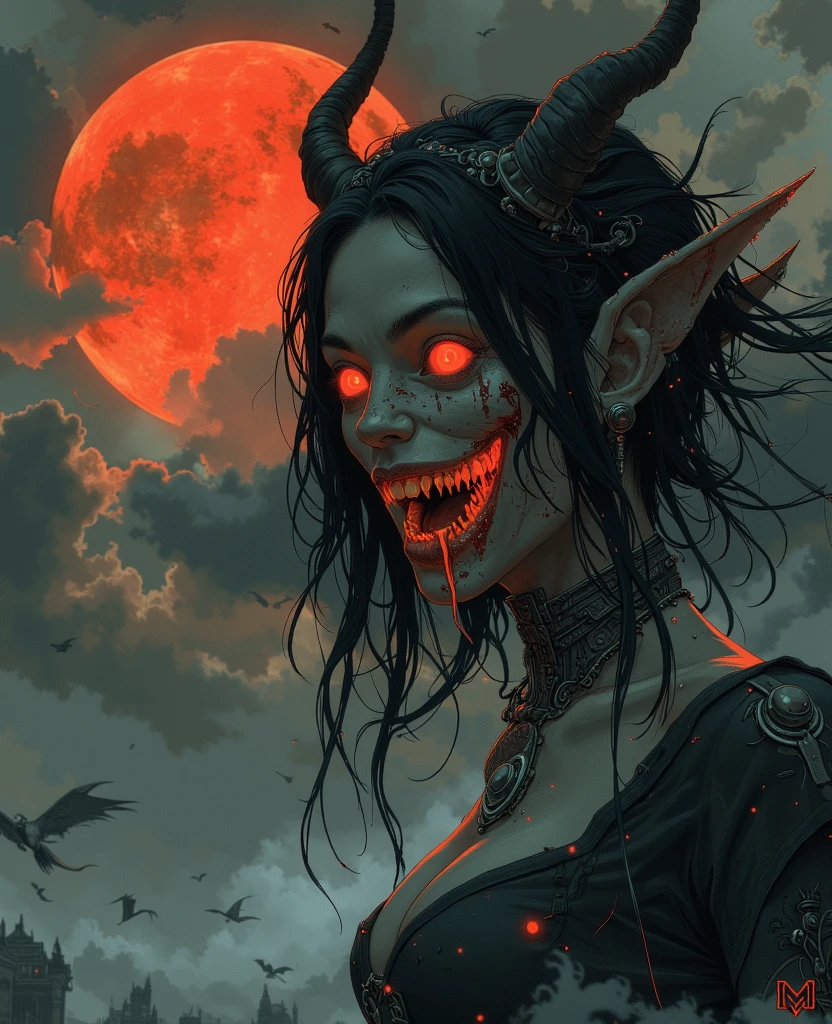 (Night Landscape), Horror, Haunted, Corpses, Skulls, Image Depicting Hell, Necronomicon, Image Style Painting, Realistic, Shadows, HD, High Quality, Cinematic