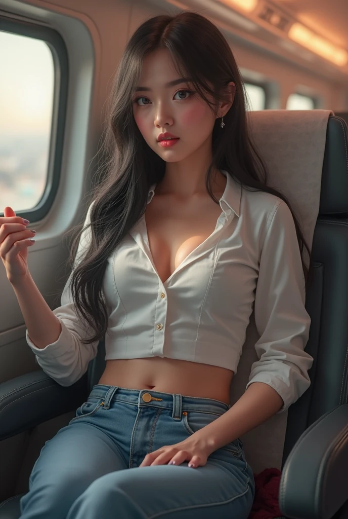 (Surreal), (illustratio), (A high resolution), (8K), (The is very detailed), (best illustratio), (Beautiful details, quality within reach), (超詳細), (tmasterpiece), (the wallpaper), (详细的脸), Alone, (dynamicposes), (1 girl), Korea, heterochromatic eyes, There is a small mole under the eye, (aprons)),, legs long, Tighten abs, (Camel toe stockings), (Cap cap), (Don't wear it), styled, styled, with pink hair, hair yoke, Parted bangs, expressive hair, wide wide shot, in a panoramic view, full bodyesbian, in-house, hotel room, Sea view room, Facing the glass window, Heart Shape Hollow Chinese Dress, eBlue eyes, Be red in the face, Bright pupils, light Be red in the face, a tall nose, rabbitears, a tall nose, pointy nose, Thin nose, Wet hair, Hair combed back, Ridiculously long hair, Hair hanging down to chest, Hair to, white  shirt, blacksilk, sit on a bed