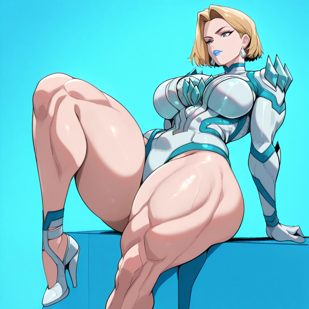detailed, masterpiece, UHD, anatomically correct, best quality, 4K, absurdres, shexyo, (white background:1.3), (halibel tier, facial mark, blonde hair, blonde eyebrows, short hair with three locks, green eyes:1.2), (1girl, solo, standing, portrait, looking at viewer, hands behind back:1.3), (thick, voluptuous, milf,plump, thick thighs, fat thighs, wide hips:1.3), (sexy, hot, blush, thick lips, big lips, sexy grin, wide smile, smirk, smug, lewd, sultry, naughty:1.3), (dark skin, dark-skinned female:1.6), (thighhighs, elbow gloves, sleeveless, bare shoulders, leotard, turtleneck:1.6)