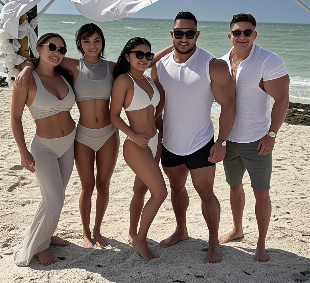 group of young tanned brunette women in sexy evening dresses with muscular men in beach shorts. People are on a beach in the evening