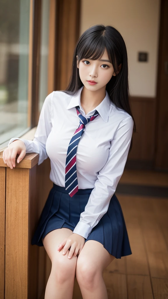 alone、high school girl、Natural body shape、White skin、Natural Makeup、Black Hair、bangs、Straight Long Hair、、(((Girls' High School School Uniform))) 、(((Beige cardigan、White blouse with collar、Blue plaid tie、Blue checkered pleated skirt、)))、((((Large Breasts))))、((The upper body is wearing a uniform))、((((Look at the camera))))、((White thighs))、White socks、(((((Sitting on the bed with legs open)))))、(((Pure white panties)))、Full body photo、((Focus on the groin))、(((bedroom))、