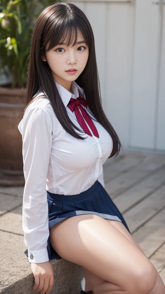 1girl, extremely cute face, Amazing face and eyes, (highly detailed eyes, highly detailed face), (hyper-realistic, hight resolution), (best Quality:1.4), Raw photo, (Realistic, Photorealsitic:1.37), Professional Photography, Cinematic Light, (lace bra:1.25), (amazing breasts:0.8), (school uniform, pleated mini skirt:1.5), (school uniform with open breasts), Smile slightly, Sitting, spread your legs wide open, Staring at me, outdoor, city, skyscraper,