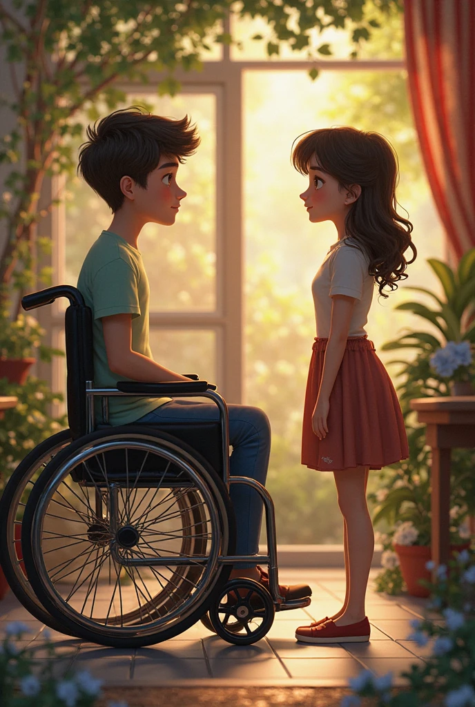 A sad georgous young woman on a wheelchair chair and her sad boyfriend, pixar style, cinematic, masterpiece, high-aesthetic, realistic