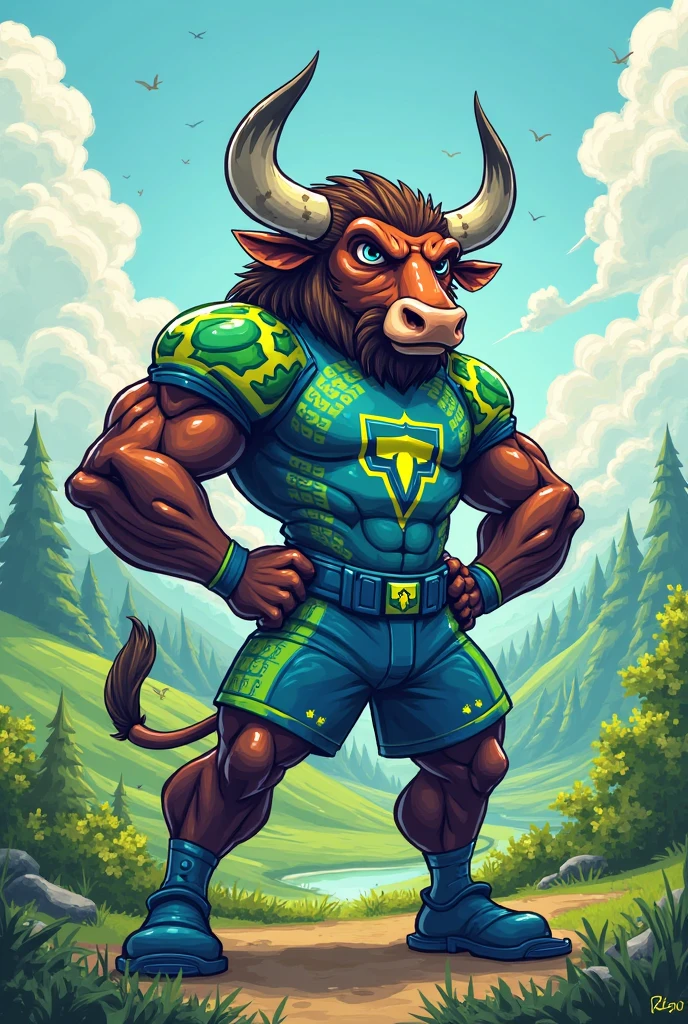A bull mascot for the Agricultural Engineering course can be designed as follows:
1. *Physical Characteristics*: The bull can have a robust and muscular build, reflecting strength and endurance. The head can be imposing, with striking horns that symbolize determination and power.
2. *Agricultural Elements*: The bull may be adorned with agricultural elements, as a headband or necklace with symbols related to agriculture, such as corn cobs or farming tools. Another option is to have him wearing a farmer's hat or working with stylized farm equipment..
3. *expression*: The bull may have a friendly and confident expression, conveying the idea that it is a symbol of strength, hard work and innovation. This helps create a positive connection with students..
4. *colors*: Use colors associated with agriculture, like green to symbolize plants and fertility, or brown to represent soil and earth. The bull can have a color combination that refers to nature and the countryside.
5. *styled*: The style can be semi-realistic or more cartoonish., depending on the desired tone. A cartoonish style can make the mascot more approachable and friendly., while a more realistic style can highlight the robustness and seriousness of the bull.
With these characteristics, the bull can become an effective and captivating symbol for the course, representing the strength and commitment to Agricultural Engineering.