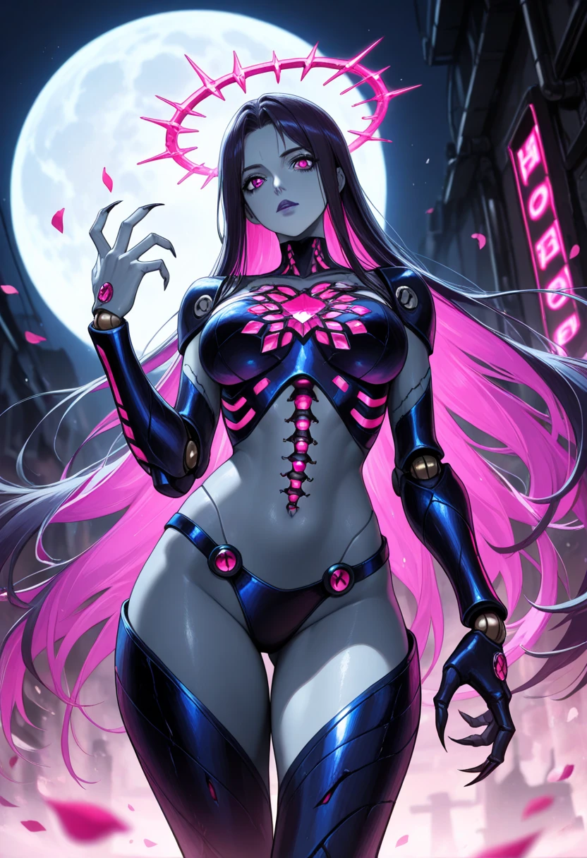 female, black long hair with magenta trim, silver eyes, wolf ears, wolf tail, (((1girl))), (((black sleeveless regal dress with magenta trim))), (black fingerless opera gloves), (black stockings), (black heels), (gold jewelry), cute and sexy, full body, large breasts, long legs, smiling