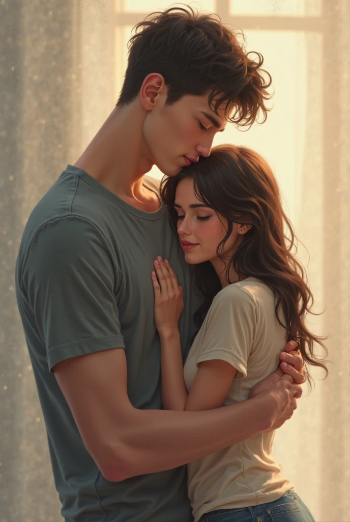 (tall man hugged his wife:1.2), detailed description, warm embrace, strong hands encircling her waist, head rested on her shoulder, her hair cascading over his chest, (marriage:1.4), close-knit relationship, love and affection, tender moment, intimately connected, (high definition:1.4), clear and crisp image, (realistic:1.2), authentic representation,, expressions of pure emotion, romantic atmosphere, soft focus on faces, depth of field accentuating the couple, indoor setting, cozy and inviting, (s2: automatic settings)