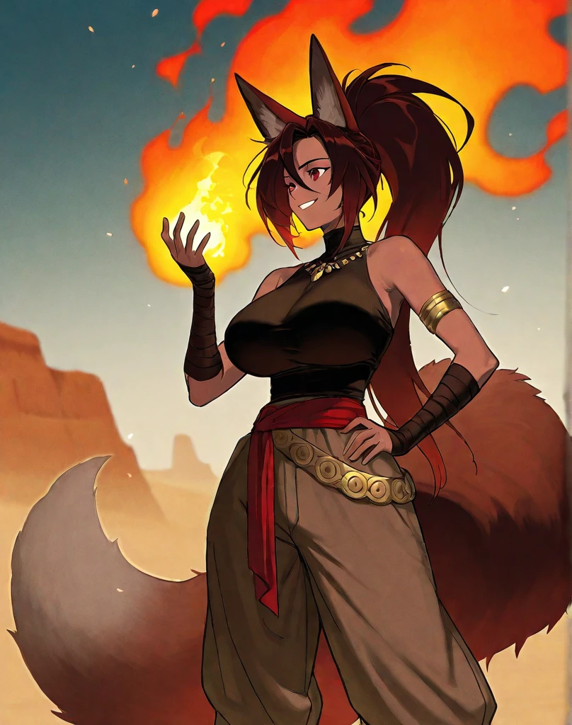 score_9, score_8_up, score_7_up, score_6_up, score_5_up, 4t4r, inu-sama, by dogsmith, 1girl, solo, Kitsune, fox girl, fox tails, multiple tails, fox ears, bard, leather armor, armored leather pants, dancer clothes, vicious smile, green eyes, perfect face, beautiful face, long eyelashes, thick hair, thick lips, curvy, athletic, midriff, defined muscles, big breasts, ((thick thighs)), big thighs, good_hands, short hair, reddish brown hair, bangles and jewelry, flashy earrings.