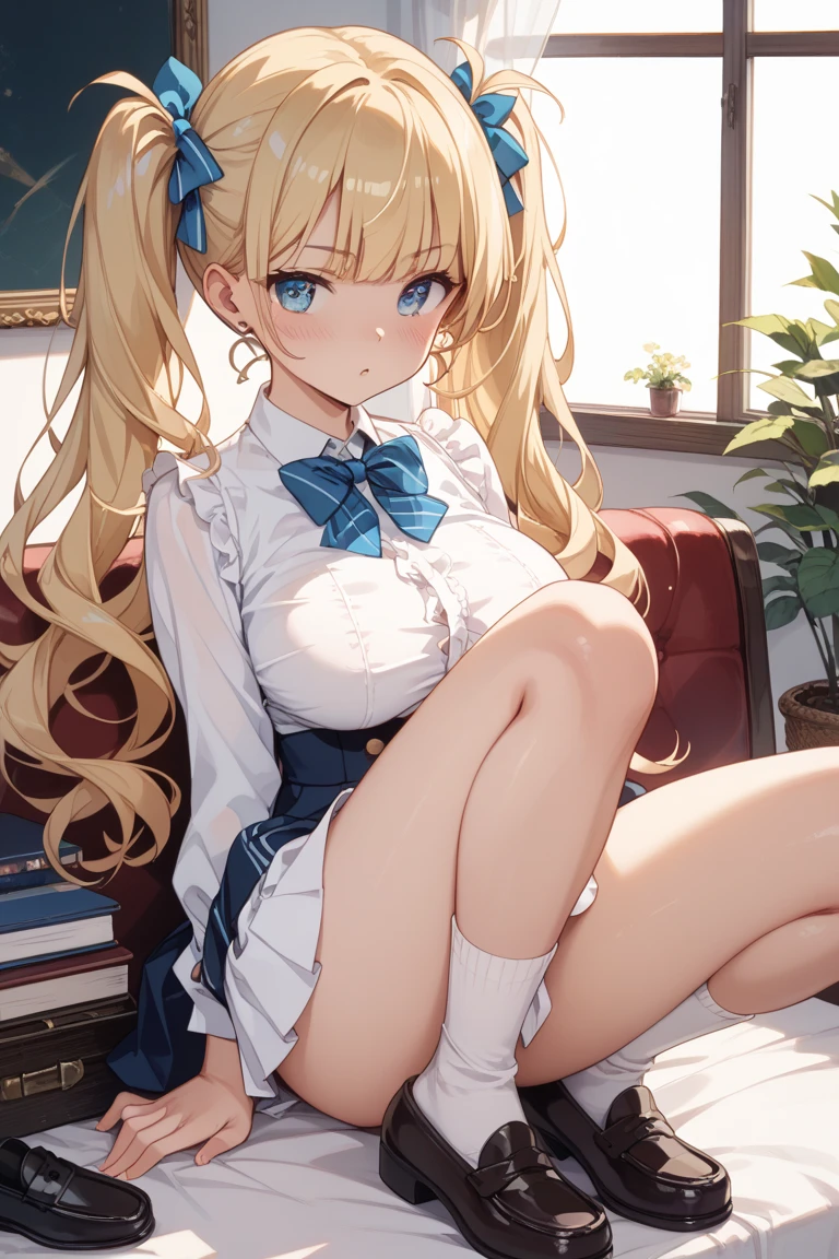 masterpiece, akai haato, hololive, 1girl, bangs, blonde hair, blue eyes, blush,, collared shirt, hair between eyes, hair ornament,heart, heart hair ornament, long hair, , neck ribbon, one side up, red ribbon, ribbon, , sidelocks,, smile, solo, sparkle, , white shirt, , :d, blue skirt,,,closed mouth,indoor,,socks,squatting,open legs,spread legs,panties,my room,(rolling eyes,),peace pose,