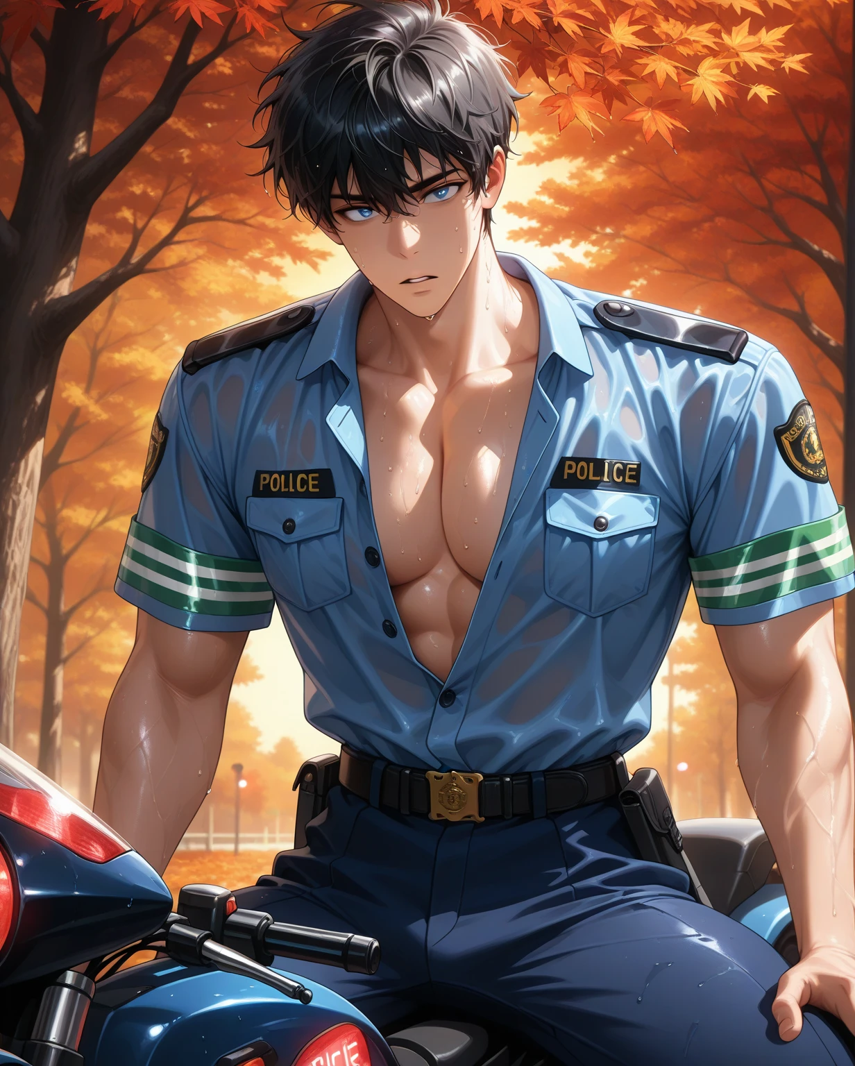 solo, MALE, sung jinwoo, parted lips, black hair, short hair, messy hair, blue eyes, athletic body, large pec, sexy, handsome, traffic police uniform, open button shirt, police pant with belt, sweating, wet of sweat, manly, at a red light intersection, sit on the police motorcycle, autumn tree, masterpiece, best quality, amazing quality, very aesthetic, absurdres, newest, autumn scenery, sunset