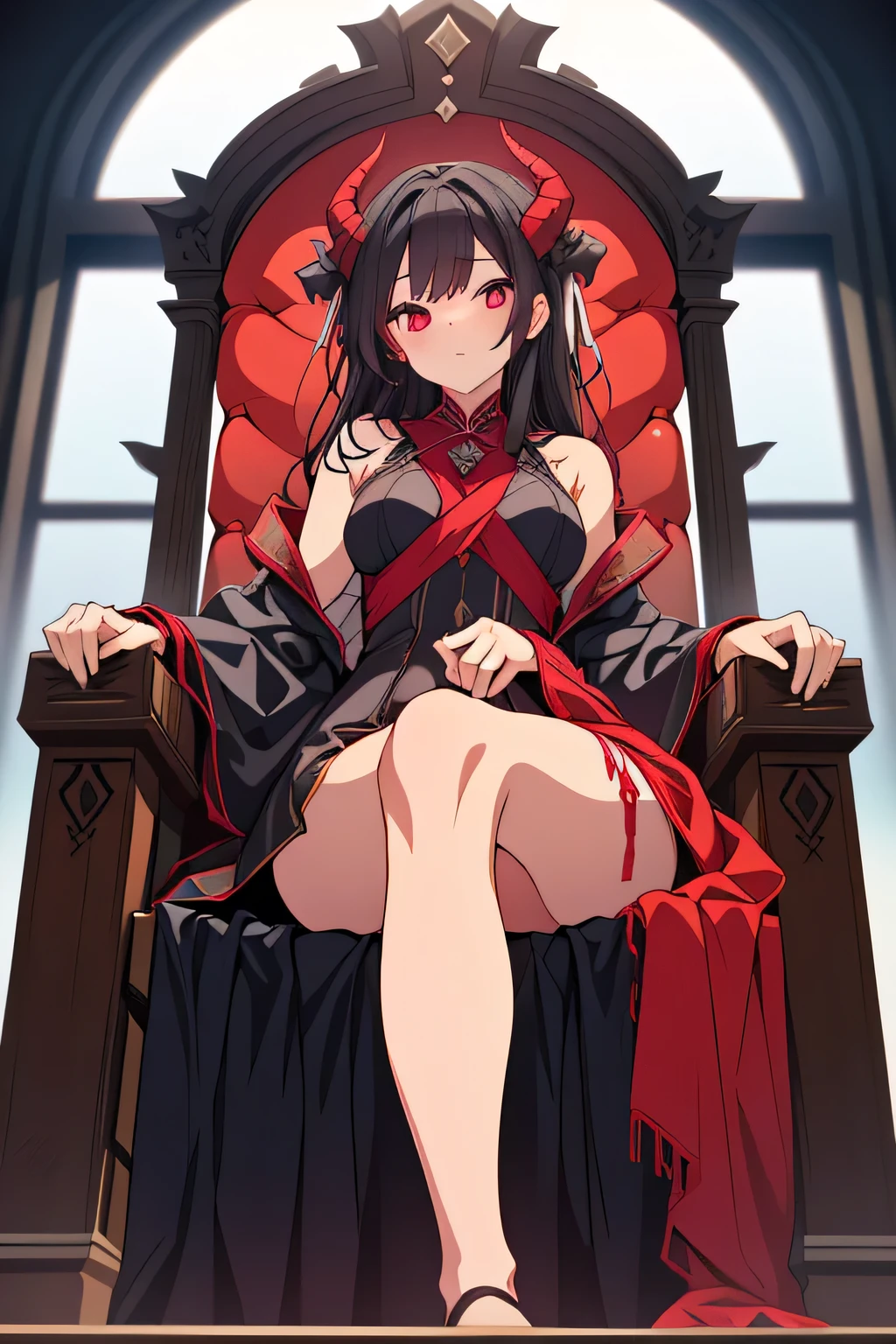 rating safe, sfw:1.3,dark strongest daimon combination girl:1.9, A beautifully detailed goddess Hel with long black hair and pale white skin sits on the throne of Helheim, Sexy Daimao、red hair、Devil's Horns、sexy dress、sits on the throne、 plump body、