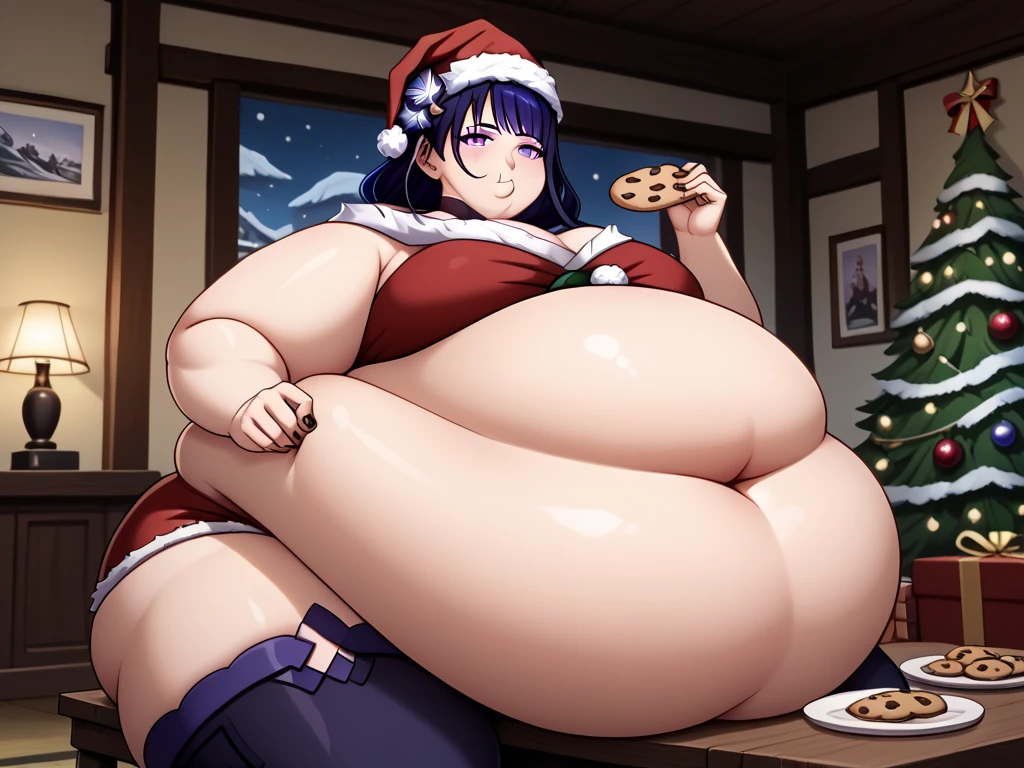 ((masterpiece)), 4K, Obese Ganyu, Christmas suit, Large Breastas, fat thick thighs, fat belly, fat arms, kitchen, cute face