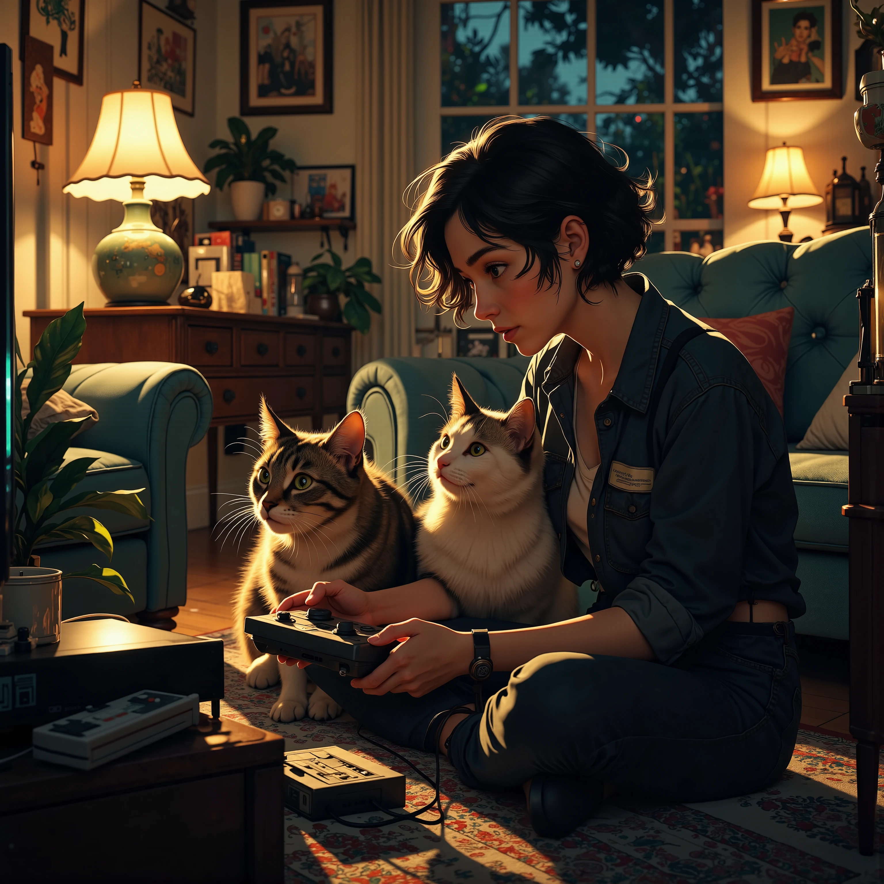 8k, ultra high res, ultra detailed, masterpiece, best quality, super realistic pictures, professional, POV, living room, play on Nintendo Entertainment System, cat, television, Black screen