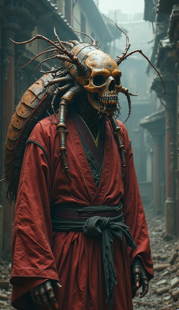 Top quality, masterpiece, oriental ancient background, creature with complex red mask, long hair, monster-like creature, body made of complex machinery, science fiction, detailed science, life science, wearing shabby traditional oriental clothes, detailed image texture, bizarre, horror, creepy atmosphere (not AI image), cloudy weather, foggy, low color image, eerie, creature hanging upside down, full screen image, images from various angles
