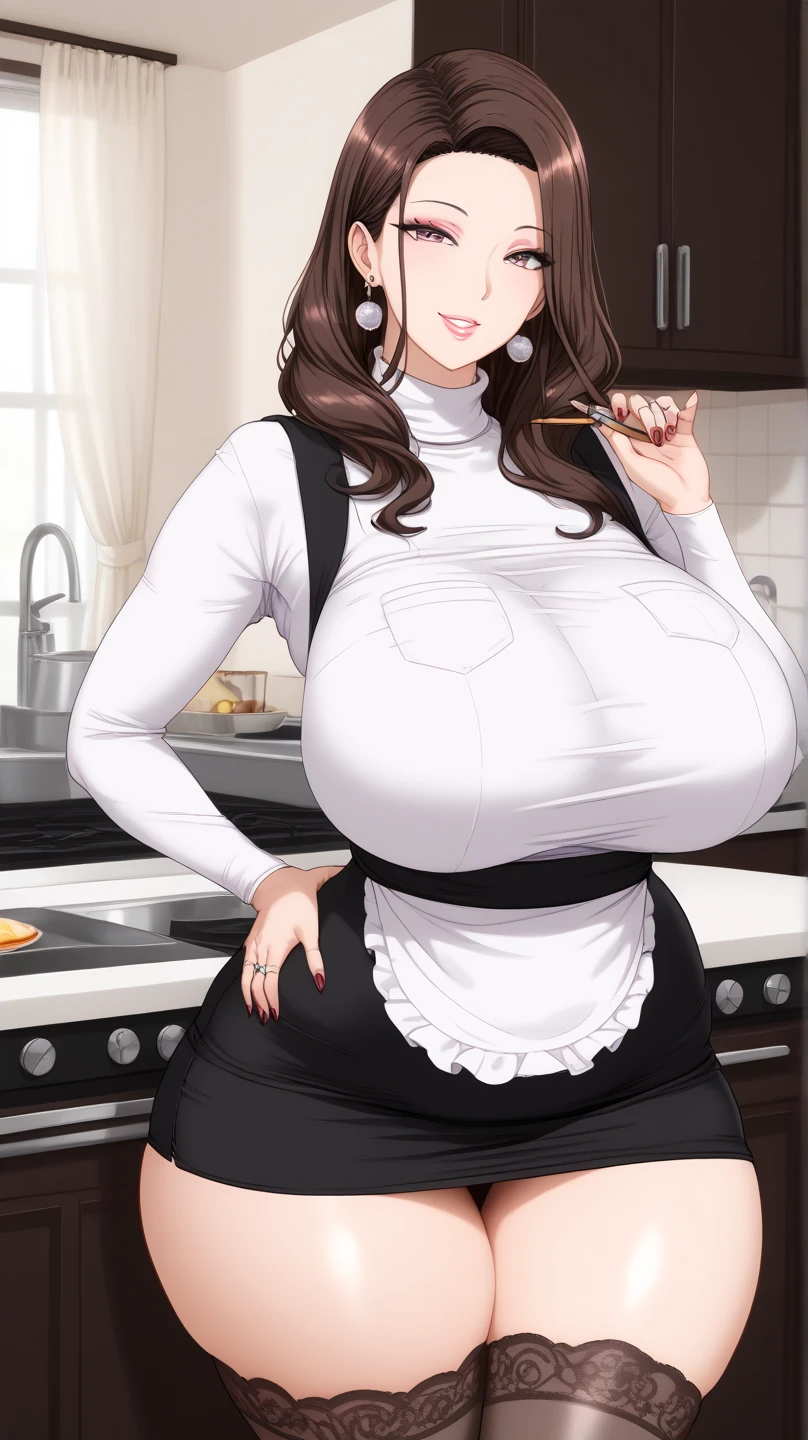 score_9, score_8_up, score_7_up, score_6_up, score_5_up, score_4_up, (source_anime), 1girl, (( white woman, long black hair, big breasts, Withered breasts, Sagging breasts, big Thighs, big ass, mature woman, dark nipples, brown nipple)), Distant vision, Low Illumination, Kitchen, Maid outfit, black skirt, breast milk, Welcoming, offering milk to the viewer, Lifting one breast, squeezing nipple, one breast covered