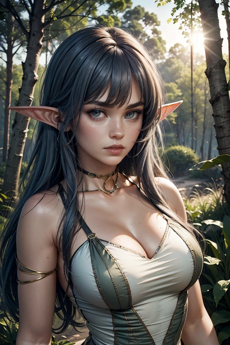 (masterpiece, photorealistic:1.4, extremely intricate:1.3), (photon mapping, radiosity, physically based rendering, ultra resolution, hyper-realistic, 8K), ((teenage elf, female, ((([large breasts:small breasts:0.4], (Elven girl, black burlap vest, topless, cleavage closeup portrait wading closeup, [side view:from above:0.1])), earrings, smirking, playful, 18 years old, elegant:1.2)), long eyelashes, ((natural)), [skin detail:freckles:0.7]), background outdoor clear blue river, faraway waterfall, forest, professional photograph girl, (((straight long hair [brown hair:bright green hair:0.6])))), BREAK ((sharp focus, dramatic, award winning, cinematic), bokeh, blurry background, interaction, clear water reflections), dark eyes