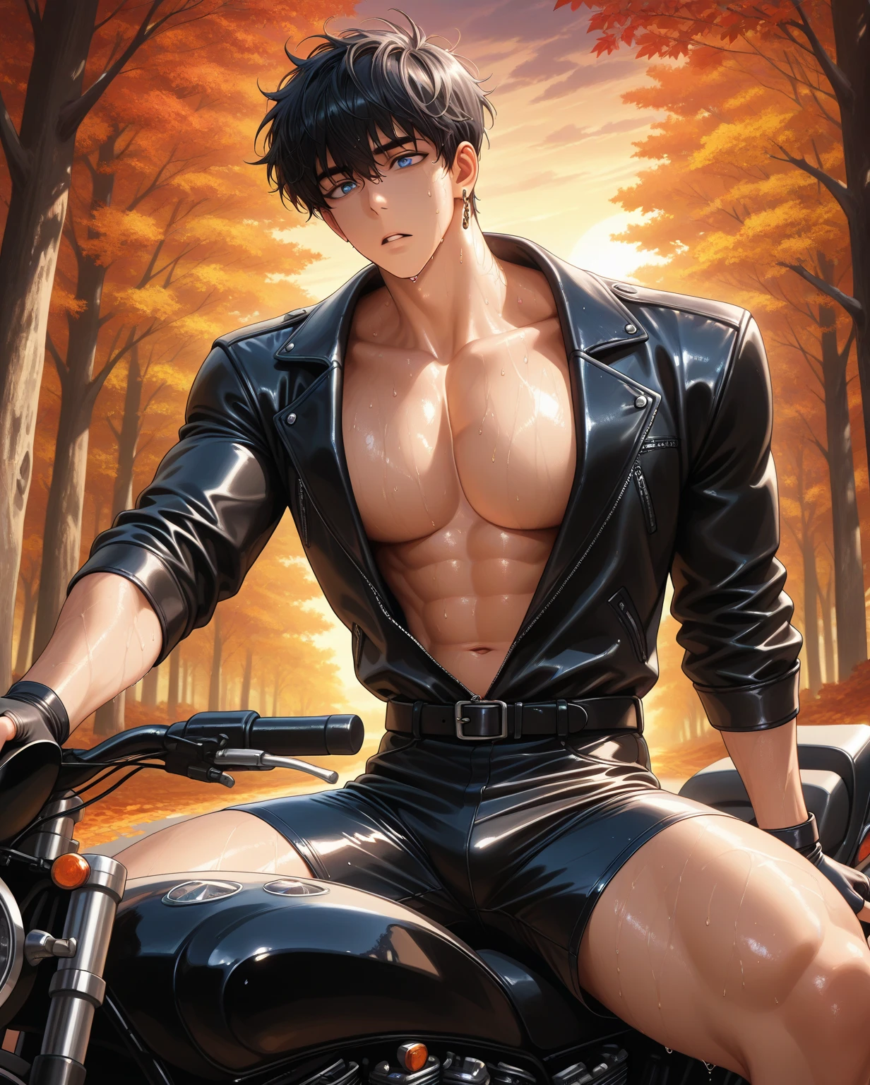 solo, MALE, sung jinwoo, parted lips, black hair, short hair, messy hair, blue eyes, athletic body, large pec, , handsome, single earring, open zip black leather jacket, pull down black leather shorts with black belt, black leather fingerless handgloves, sweating, wet of sweat, manly, sit on the black motorcycle, at the road, autumn forest, masterpiece, best quality, amazing quality, very aesthetic, absurdres, newest, autumn scenery, sunset, close up view
