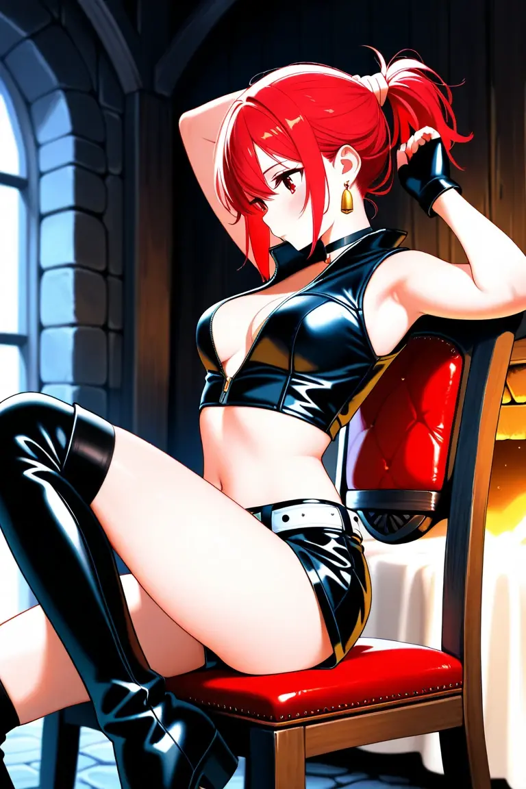 female, red short hair with yellow highlights, orange eyes, (((1girl))), (((orange corset with red trim))), (black gloves), (black lace up boots), (black belt), (white stockings), (black skirt), cute and sexy, large breasts, large butt, full body, long legs, smiling
