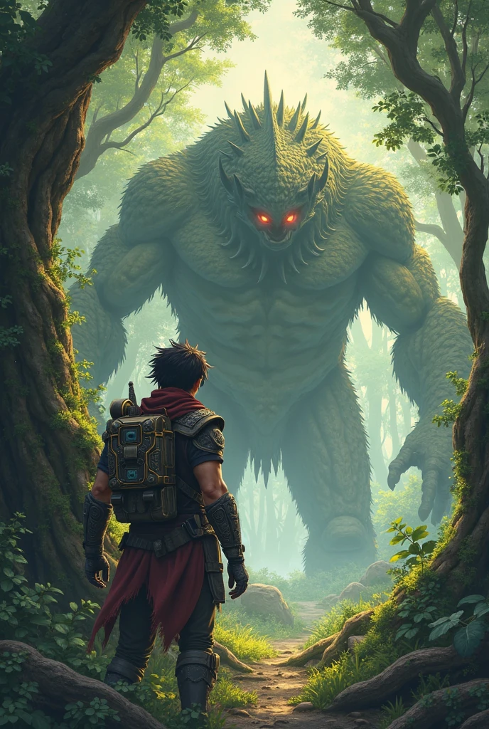 A boy with silver armor trimmed with gold and a little bit of ruby. A ghostly transparent sword rising from the ground behind him. Chocolate brown hair and emerald green eyes. A forest scene around him.
