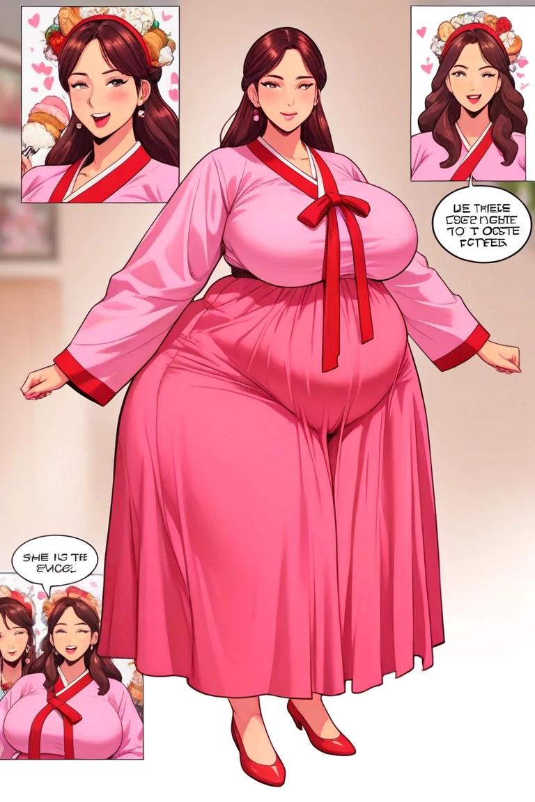 Create an image of Bae noona after a stuffing full of food.  big sister babe- Dressed in a hanbok, oppai proportions, ecchi anime style, she has a jiggly fat round belly, the belly should be stuffed full of food, fullbody commission for, bbwchan, thicc, real life big mom, anime character reference sheet, ecchi style, exaggerated body features, use the image to create a picture of bae stuffed with food
