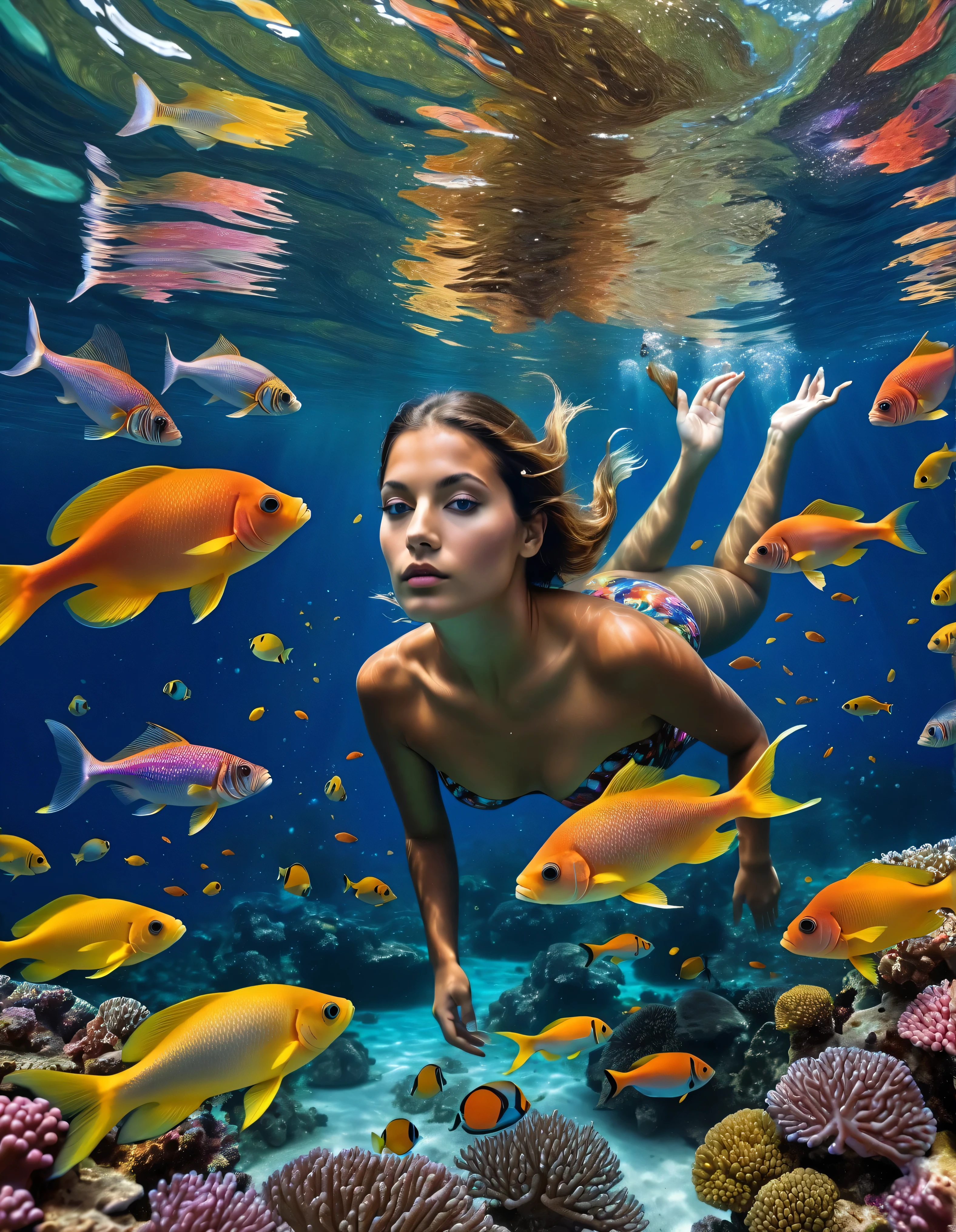 A photorealistic image of a skinny athletic South Asian girl free diving elegantly in a clear blue ocean. swimming along a friendly shark. She is completely naked, nude. She is swimming gracefully past a vibrant coral reef teeming with colorful fish. A majestic reef shark swims peacefully in the background, and a sea turtle grazes on the coral nearby. Sunlight filters through the clear water, casting dappled light on the scene. The overall feeling is one of tranquility and awe-inspiring beauty.