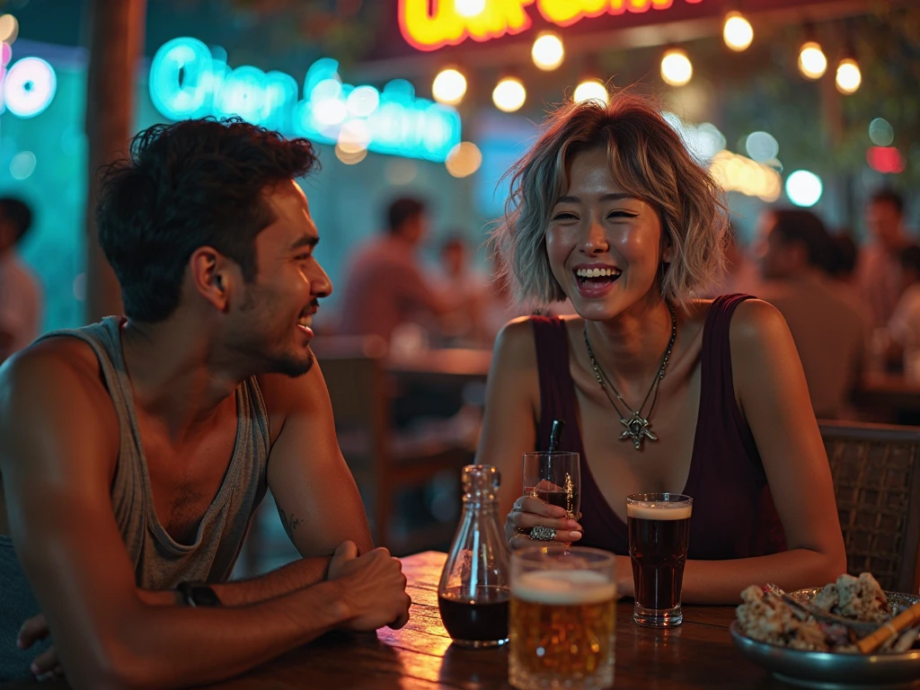 Beautiful evening atmosphere in an outdoor cafe, seorang pria tampan indonesia rambut rapih tersenyum face is clearly visible memakai tshirt duduk disebuah kursi cafe outdoor bersama seorang wanita indonesia cantik tersenyum rambut shagy bob tersenyum memakai gaun malam of shoulders.face is clearly visible, In front of them was a table with two drinking glasses and a bottle of Jack Daniels. The atmosphere on the side of the road, there is a parked Lamborghini, The lights emit a very beautiful light. Very bright lighting.