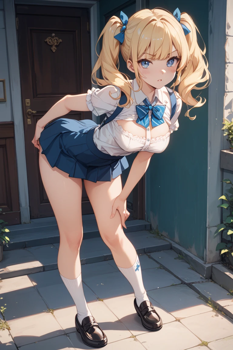 (masterpiece), (best quality), smile brightly, 1 woman, 25 years old, bewitching, show off underwear, frilled underwear:1.2, blue color underwear, layered skirt, swell one's loins++, fullback underwear , large breast , cute outfit:1.2, (leg up, grab knee, standing split) , skirt, cinematic,Realistic Flesh,The bite is clear,Fashionableパンティー,Fashionable👔,Fashionable髪型,Curly hair,