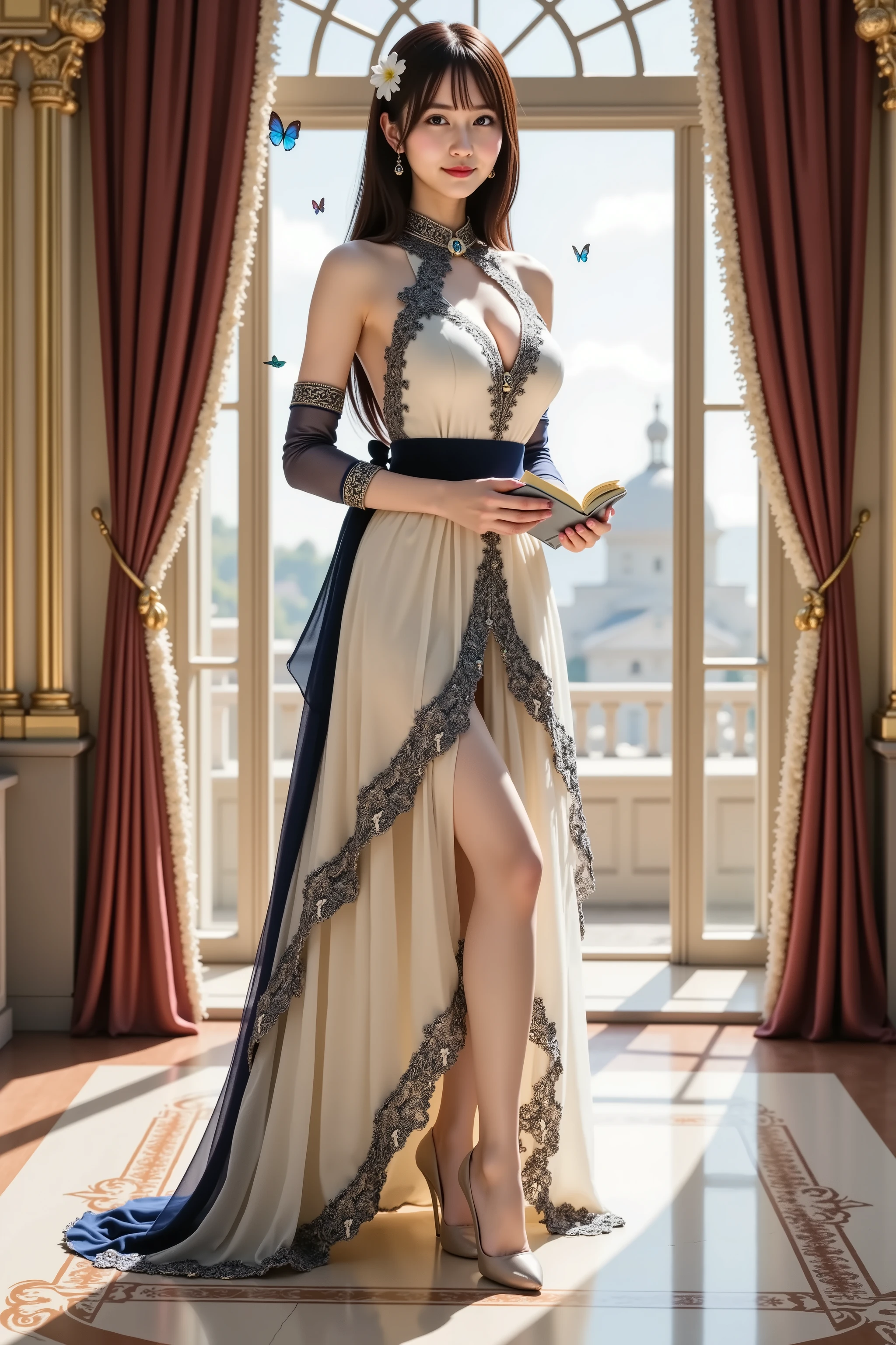 A photorealistic digital painting of a slender young woman with smooth fair skin and voluptuous firm breasts emphasized by a wide deep cleavage, each hair strand rendered with lifelike detail and subtle stray wisps fluttering around her shoulders and down her back, adorned with a large white lily hair ornament nestled among braided tendrils, dressed in an elaborate floor-length gown of soft ivory silk and structured sapphire brocade featuring a sleeveless high neckline bodice with intricate floral lace appliqués and fine gold filigree accents tracing every seam, a navy satin sash cinching her waist with a bow at the back, the full layered skirt cascading in chiffon and tulle overlays printed with muted botanical motifs and edged with scalloped lace trim, complemented by detachable elbow-length chiffon sleeves attached with velvet ribbon loops, and a few ethereal blue butterflies hovering near her gown. She stands full-body in a vertical 2:3 composition before a grand arched window with geometric mullions framed by heavy velvet curtains pulled aside, warm sunlight flooding across a polished marble floor with inlaid mosaic patterns. Her pose is precise and elegant: she holds an ornate leather-bound book at chest height, fingers curled around its cover, elbows bent outward and shoulders relaxed, allowing her chest to lift forward and boldly accentuate her cleavage, head tilted downward just enough to allow her gentle gaze to meet the viewer over the top edge of the book, a delicate sapphire and pearl brooch pinned near her left collarbone. Soft natural light casts intricate shadows across the folds of her gown and highlights the texture of each individual hair strand and fine lace, while outside the window a lush sunlit terrace with climbing rose vines and marble columns rises under a bright sky, creating an atmosphere of scholarly elegance and serene enchantment.