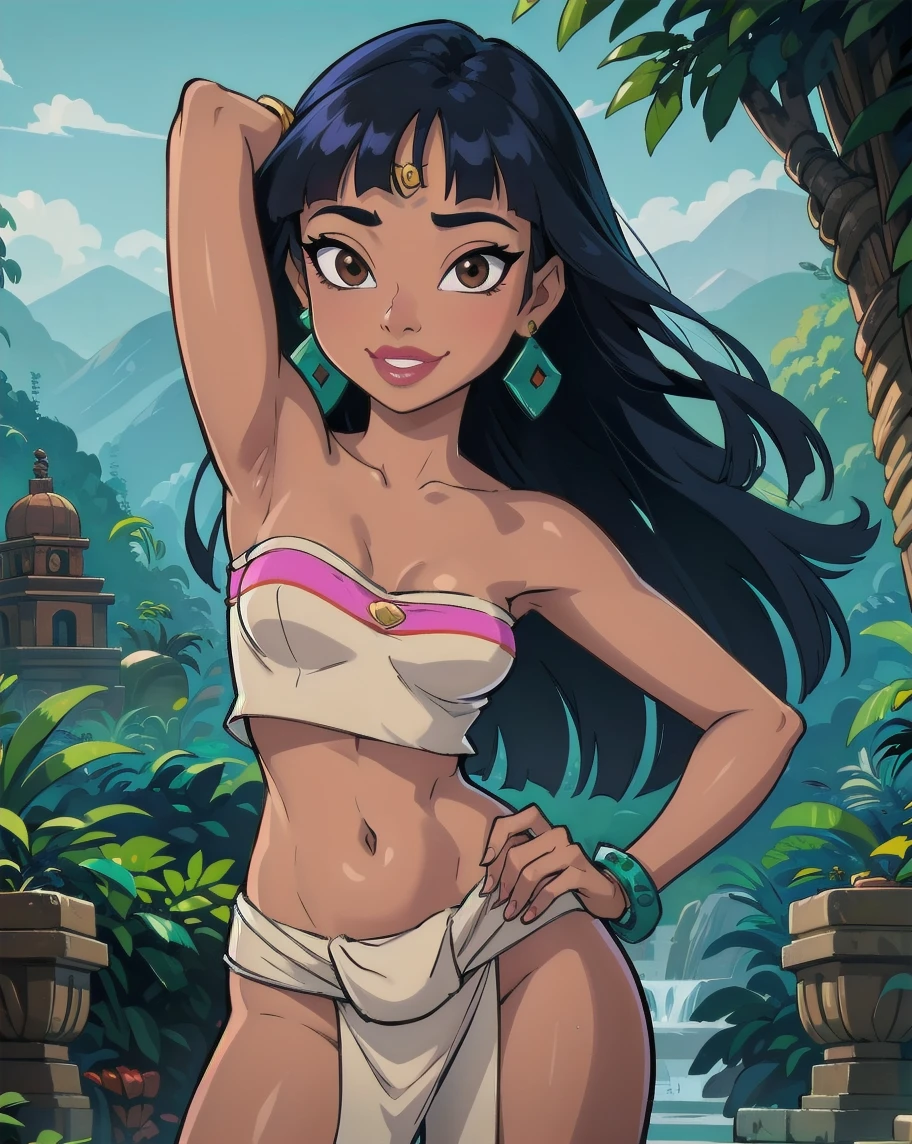 masterpiece, best quality, 1girl, rachelroth, purple hair, short hair, purple eyes, (grey skin:1.3), forehead jewel, bikini, smile, solo, looking at viewer, sea, sand, blue sky, tropical island background <lora:Raven:1>