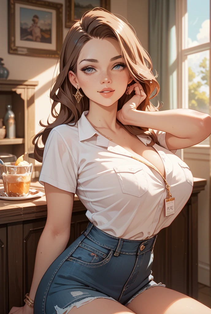 Lucy Pinder, portrait, face portrait, smiling, voluptuous, red lips, cleavage, wavy hair, brown hair, hair in a bun, blue striped t-shirt, belt, jeans.