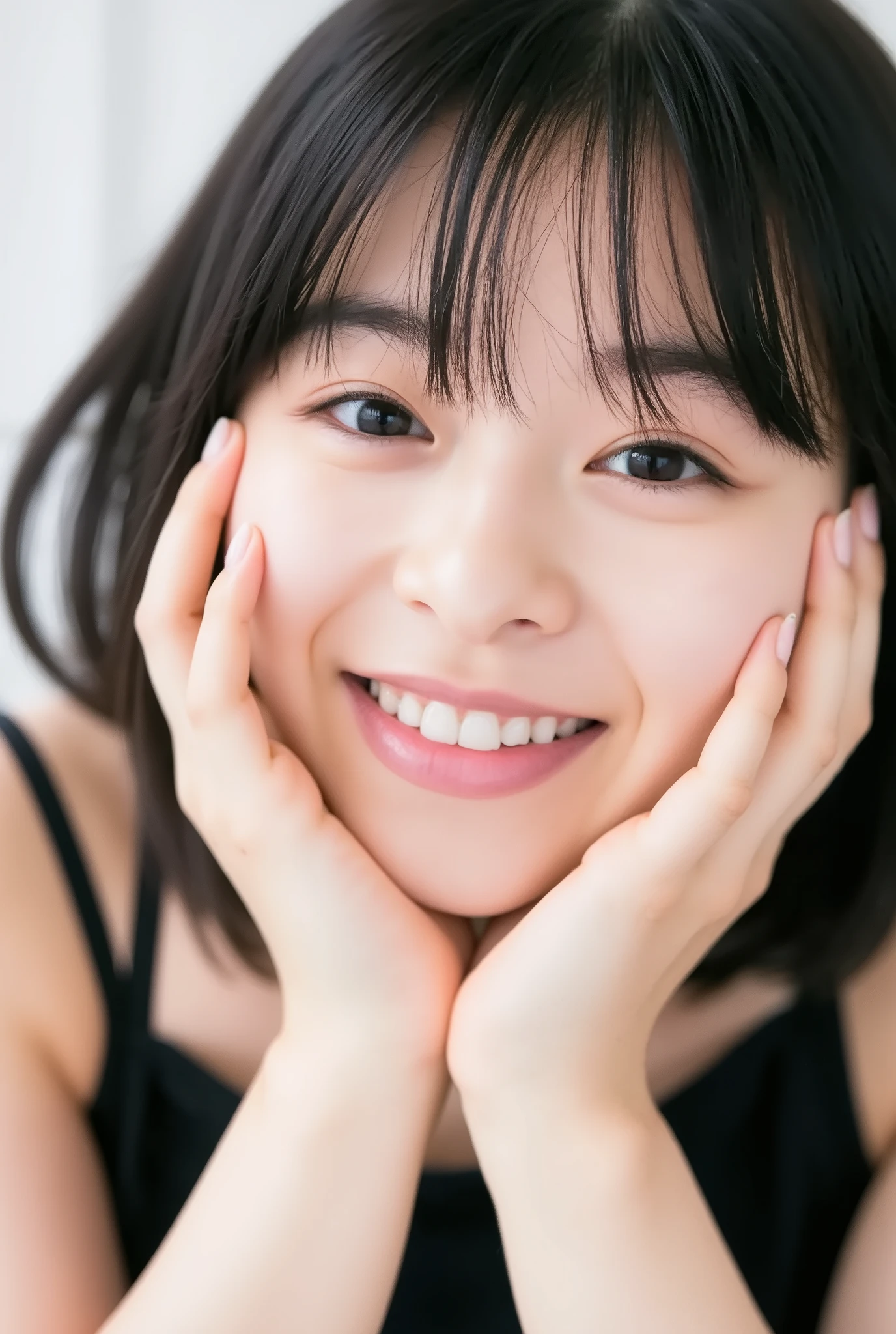extreme close-up of a stunning modern Japanese girl, soft glowing dewy skin with a natural blush, cheeks deeply flushed from shyness, slightly parted glossy lips in a shy, joyful smile, upper teeth just barely showing, eyes moist with a gentle tear line glistening, eyes half-lidded and looking up slightly with a bashful yet affectionate gaze, irises sparkling with soft emotion, large heart-shaped catchlights reflecting a dreamy aura, pupils dilated, gently lowered eyelids showing bashfulness and happiness, both hands softly resting near her cheeks, fingers relaxed but slightly curled as if holding back excitement, head tilted shyly to one side (~30 degrees), flowing soft brown hair, wearing a simple yet elegant black camisole with thin straps, pure white soft background, face occupying 95% of the frame, cinematic soft lighting that highlights her glowing skin, sweet and dreamy expression, overflowing happiness with a touch of shyness, glowing with warmth, smiling warmly with just a hint of hesitation, feeling overwhelmed with love and affection, full of sweet, bashful adoration, modern Instagram-inspired beauty with realistic high-definition detail
