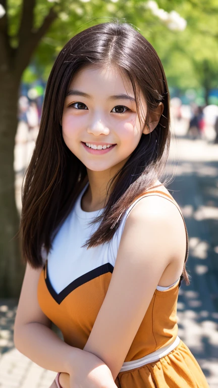Lens 135mm f1.8, (highest quality),(RAW photo), , (Beautiful 16 year old Japanese girl), cute face, (deeply carved face:0.7), (freckles:0.6), ,dramatic , (japanese school (croptop) orange_red tanktop), (inside the school), shy, low twintails, , (smile),, (sparkling eyes)、