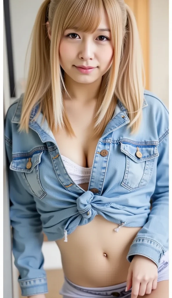 a very cute blonde  girl exposing small breast, raw photo