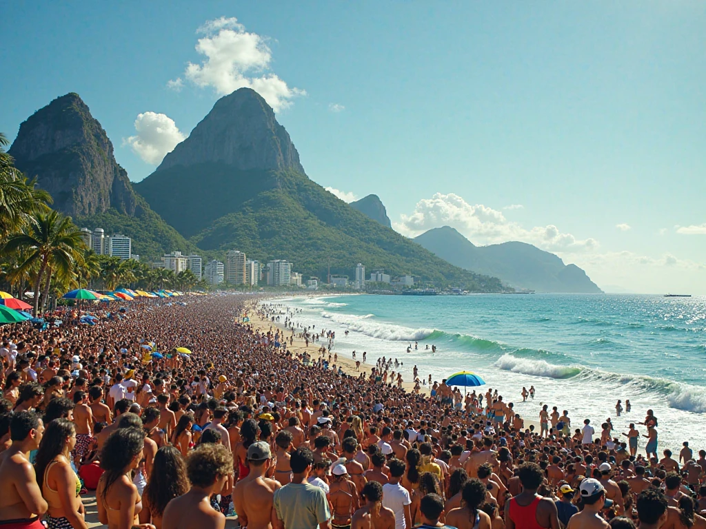Crowd of women on the beach, olhando para mim, brasileiras, Rio de Janeiro, wearing bikini, Sling swimsuit, rostos perfeitos sem erros, sorriso, each woman in a different colored bikini or swimsuit, seios grandes, cabelo curto, praia lotada, lots of people on the beach as far as the eye can see, milhares de pequenos espectadores, Absolutely remarkable image, NSFW, in front of a large crowd, global illumination, cores vibrantes, melhor qualidade, altamente detalhado