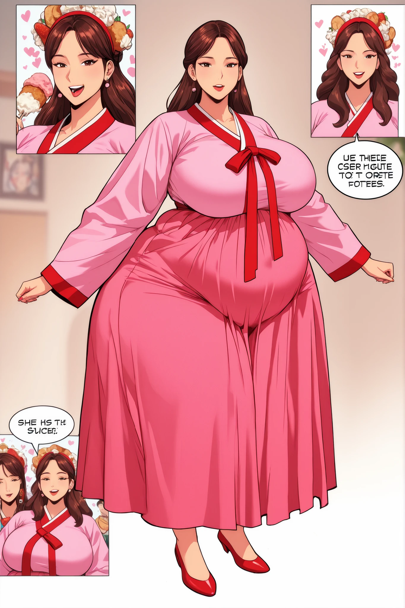 Create an image of Bae noona after a stuffing full of food.  big sister babe- Dressed in a hanbok, oppai proportions, ecchi anime style, she has a jiggly fat round belly, the belly should be stuffed full of food, fullbody commission for, bbwchan, thicc, real life big mom, anime character reference sheet, ecchi style, exaggerated body features, use the image to create a picture of bae stuffed with food