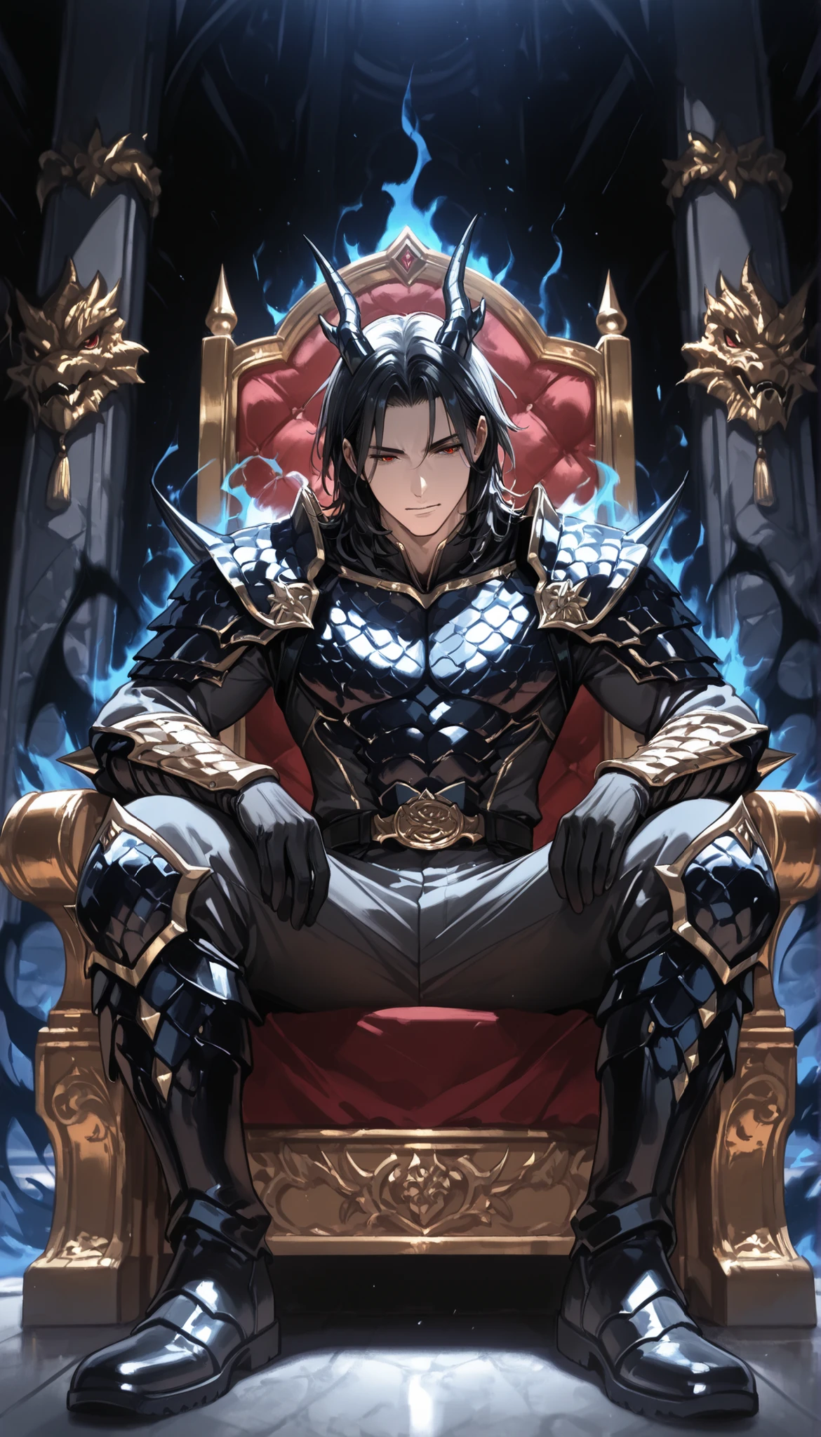 yakuza young boy, ,medium hair, handsome, black dragon armor suit, dragon boots Japanese dragon decoration、laughh, sitting, throne, dragon hall, black aura
