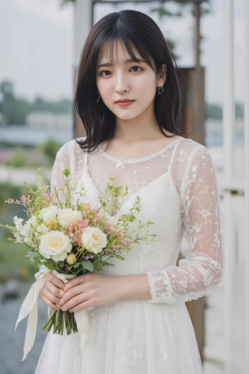 (Highest quality,masterpiece:1.3,Ultra-high resolution,),(Very detailed,Caustics),(Realistic:1.4,RAW shooting,)Ultra-Realistic Capture,Very detailed,High resolution 16K suitable for human skin、 Natural skin texture、、Skin tone is even and healthy looking、 Use natural light and color,One Woman,Japanese,,cute,Mid-length hair,(Written boundary depth、chromatic aberration、、Wide range of lighting、Natural Shading、)、(Outdoor lighting at night:1.4)、(Hair swaying in the wind:1)、(Exposure:3.0)、Sheer white shirt、Holding a colorful bouquet