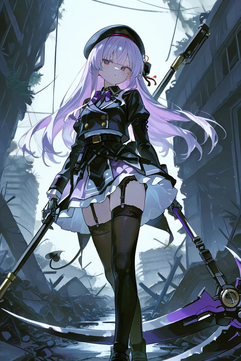 @火螺紅, anime-style, 1 girl, magical girl, full body, smile, {hairstyle: (pink hair), (long hair),(antenna hair),(twin tails)}, pink eyes, black lolita fashion, knee high, black rubber sole, background: pink magic space, effects, with rifle, terrible aura