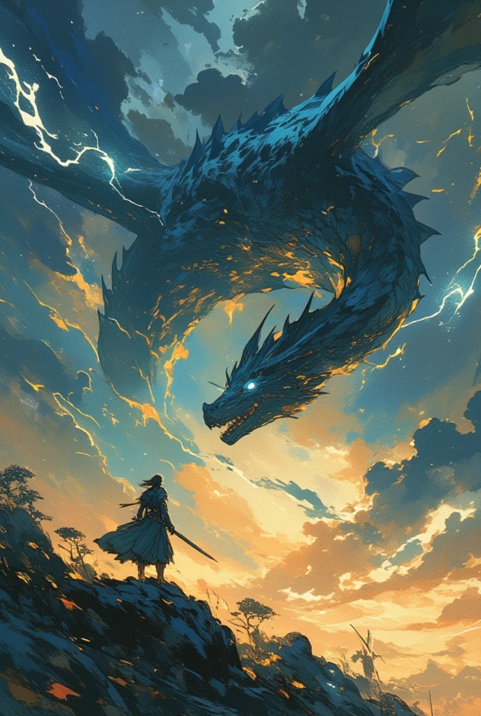 Luz superior, distant view (Tiro de baixo para cima), garota, armado com arma, ao ar livre, Standing, Cloud Behind, heaven, Cloudy sky, bicho, eastern dragon, monstro, 1 outro, mistborn,