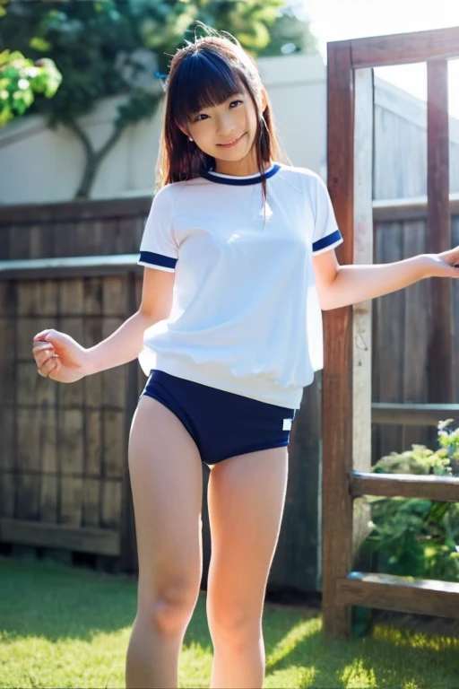 ultra highres,(reality: 1.4),highest quality, masterpiece, high detail, 16K quality, beautiful, 1 beautiful girl,japanese,super beautiful face,baby face,japanese idol face,cute face,super detailed face,detailed hand,beautiful skin,sweaty skin,big eyes,big smile,profeccional lighting,medium hair, black hair,brown beautiful eyes, gym uniform,school gym buruma,(red buruma), white shirt, short sleeves, standing,spread legs,medium breasts,high socks,she is looking at the camera,pool side,blue sky,nsfw,back shot,
