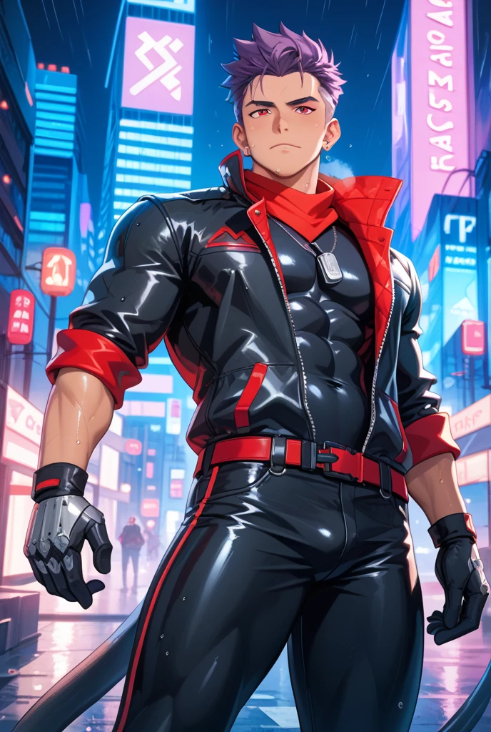 one man,smart robot,Undercut hair,Wear cyber armor on the chest and elbows.,Wear Muay Thai shorts with a cool design.,Put cyber armor on your shins.,Wear cyber steel gloves with a lion design.,Thai pattern pattern,Wear high-tech design cyber glasses.,Stand in a Muay Thai stance.,in the city,one punch man cartoon lines