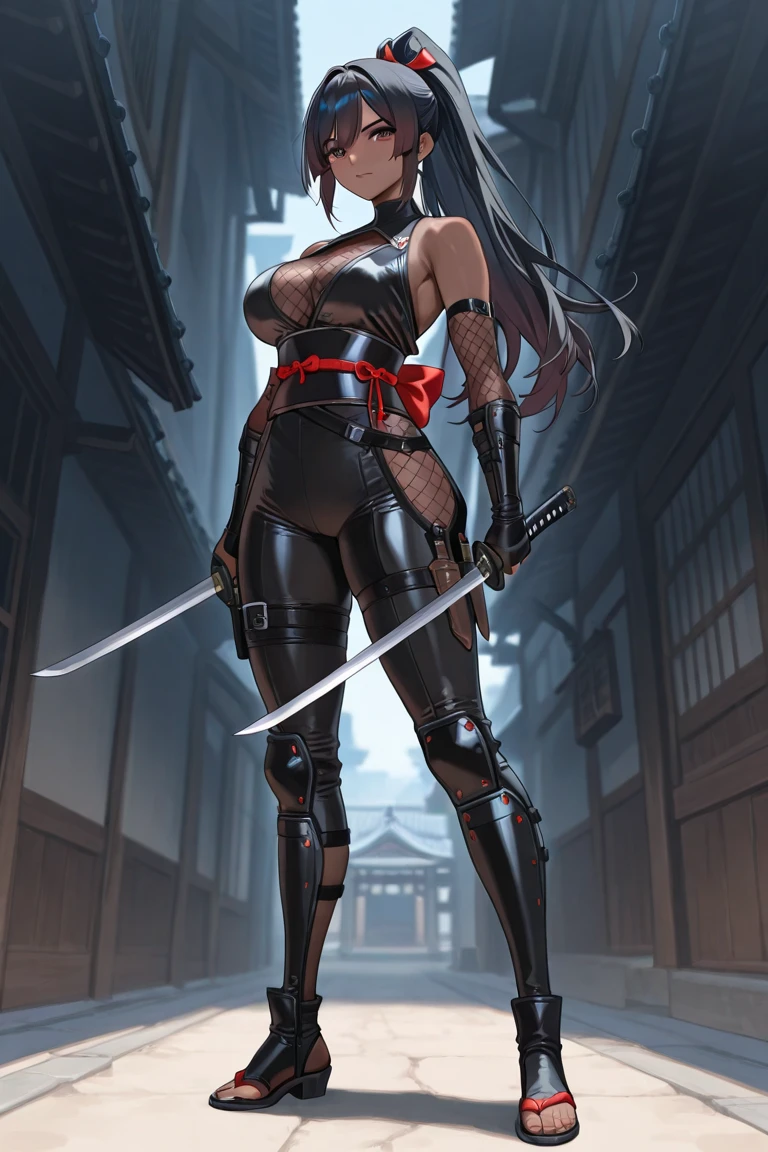 Japanese Ninja woman, seductive cyberpunk dark fantasy, gigantic breasts, cleavage, beautiful face, beautiful body, beautiful eyes nose lips, alluring expression, full body photo, standing legs apart(well defined pubic hair:1.2)), (dark plain black background:1.4))
