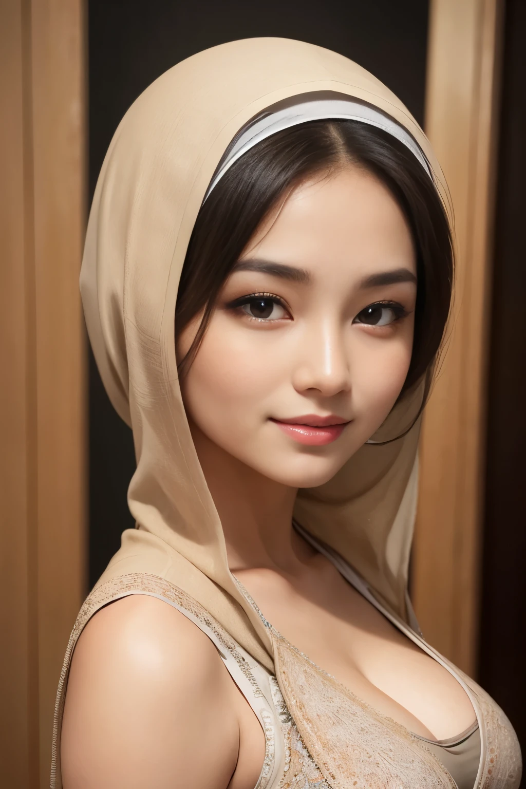 (Strapless dress), Chubby adorable, 1 girl, (face to face), 10 years old, baby face, happy, half body portrait, (face details: 1), (eye details: 1), ((big breasts)). wearing transparent transparency soft soft long shirt, hijab, .. Cute posed. proportional body. Ultra High Res. realistic: 1.4, UHD, (floral pattern), view from side seductive pose