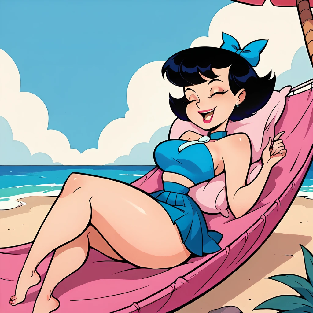 Ralph Bakshi Style, curvy, (blue_eyes), (long wavy black hair), (medium hanging breasts), laying on sun lounger, lewd:5.0, (pubic_stubble):4.0, tropical beach, night