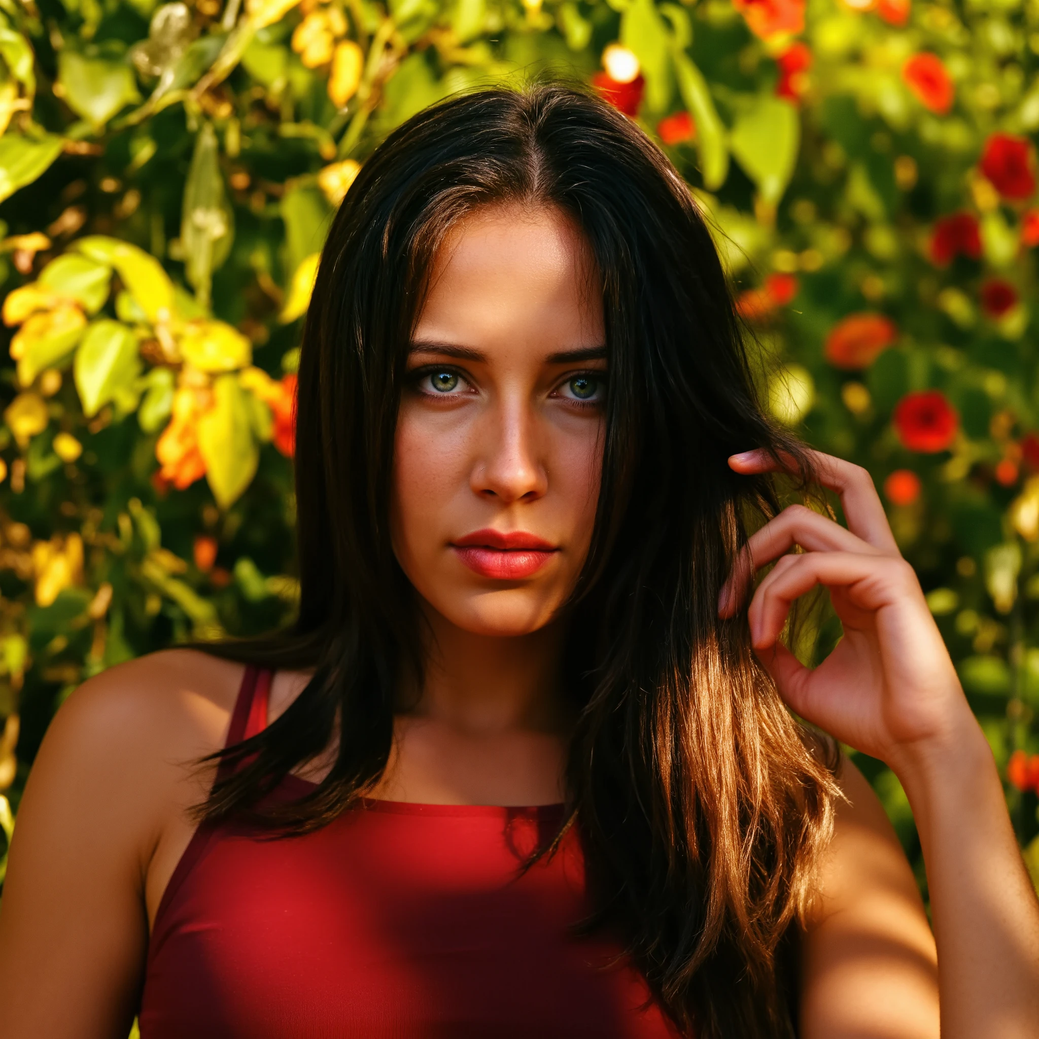  "Cinematic film still in the visual style of Pedro Almodóvar, close-up from the waist up of a striking woman standing in a lush, vibrant garden with dense green foliage and richly colored flowers. She has long, straight black hair, fair skin, and intensely expressive blue eyes. Wearing a tight burgundy tank top that vividly contrasts with the surrounding greenery, she looks directly into the camera with a powerful, introspective gaze. One hand is gently tangled in her hair, adding a subtle gesture of vulnerability. The composition brings her eyes into sharp focus, filled with emotion and depth, while the background remains softly blurred. The lighting is rich and saturated, bathed in golden-hour warmth with dramatic shadows and natural highlights on her face. The color grading is bold and cinematic, dominated by passionate reds, emerald greens, and glowing amber tones. Styled as a 35mm film still, emotionally charged, sensual, and theatrical — evoking the iconic visual storytelling of Almodóvar."