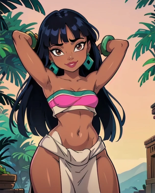 (masterpiece, best quality:1.2), 1girl, solo, chel_eldorado, cartoon, disney style, disney, young body, dark skin, tube top tight, exposed navel, wearing black lingerie underneath, soaking wet, reflective skin, wide eyes, looking at viewer, transparent clothes, collar, stockings, wet clothing, loin cloth, skin tight, choker, garter belt, standing, absurdly long hair, very long hair, bangs, (blunt bangs:1.1), lips, earrings, black eyes, brown eyes, dark-skinned female, (detailed, highres:1.2) disney animation style, clean details, soft features, young, fishnets, school girl uniform, japanese school unifrom, mini skirt, no panties, lifting up mini skirt, no underwear