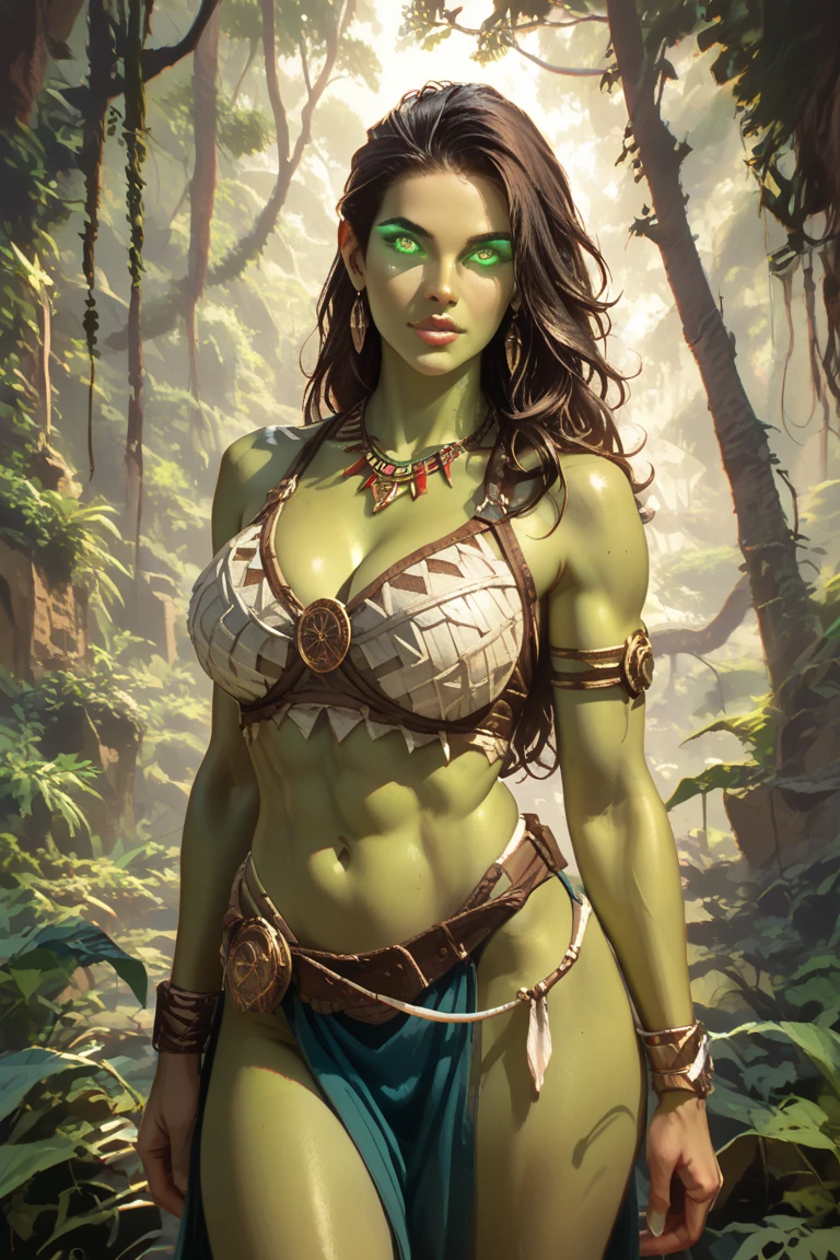 In the heart of the dense and vibrant jungle lies a formidable figure, a female Orc of striking green skin and captivating features. Her dark, thick hair cascades down her back, braided intricately and adorned with feathers and beads. Elven ears that peak from the sides of her head stand tall and expressive, a testament to her mysterious lineage.
A symbol etched into her forehead catches the eye, both as an intriguing decoration and a proud mark of belonging to her respected clan. Her strong and bold demeanor emanates a fighting spirit and unyielding independence, making her a force to be reckoned with.