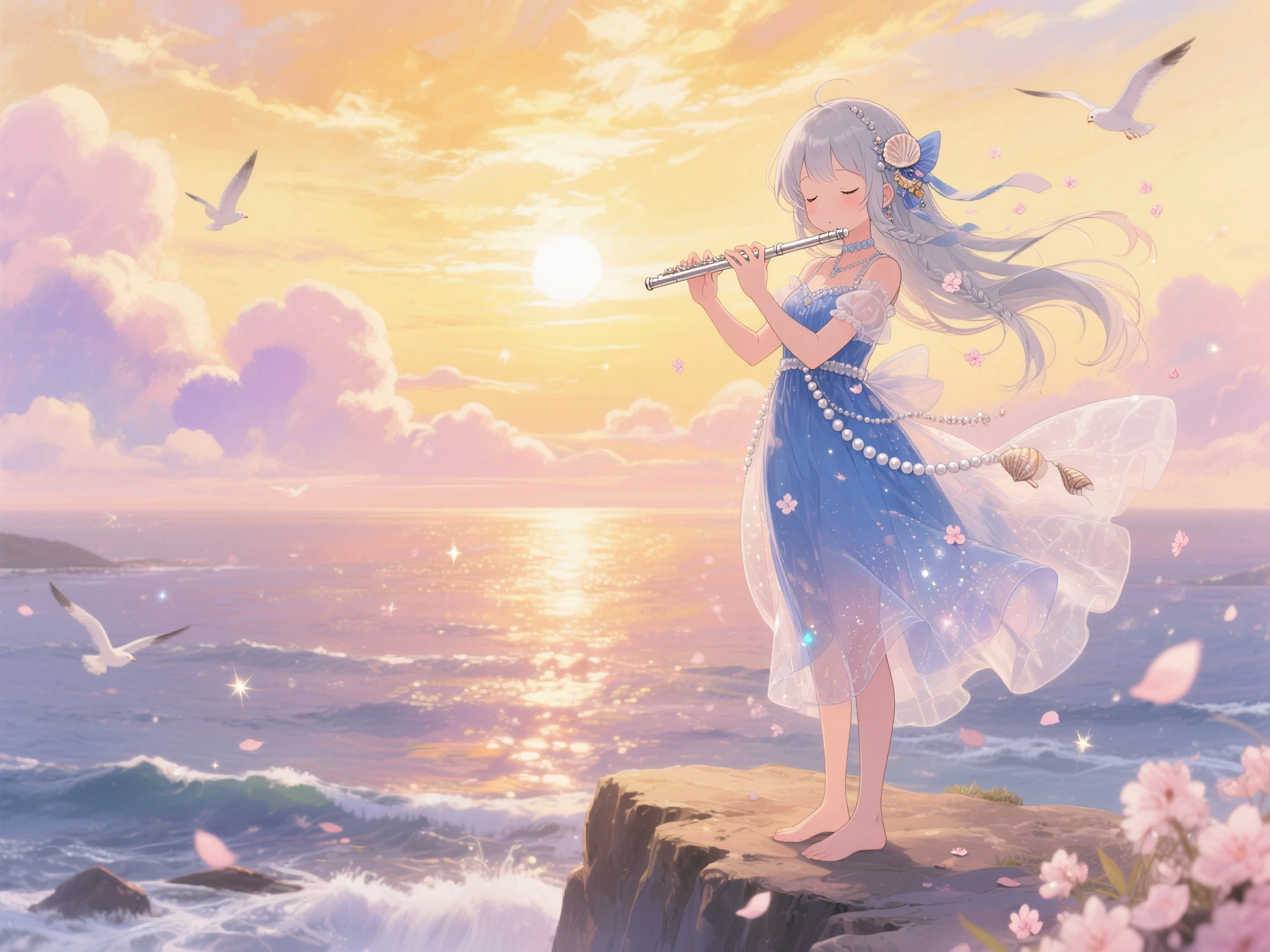 A super cute anime girl standing gracefully on the edge of a seaside cliff at golden sunset, wearing a flowing marine-blue dress adorned with pearl-like sparkles and translucent silk layers that catch the wind. Her long, silvery hair flows behind her like waves, delicately braided with seashell ornaments and tiny sakura petals. She plays a shiny silver flute, her small fingers poised with elegance, eyes gently closed in serene concentration. The sky is a dazzling display of warm watercolor gradients—glowing gold, soft rose pink, and dreamy violet—filled with fluffy, ethereal clouds. Below, the ocean shimmers like liquid glass, glowing with vivid reflections of the sunset. Soft glowing petals and sparkles swirl around her like magical stardust. Seagulls fly calmly in the distance, enhancing the peaceful, poetic mood. The scene is rendered in Itaru Hinoue style moe anime style, featuring soft pastel tones, expressive sparkling eyes, fine-line character details, and a romantic, otherworldly atmosphere. Highly detailed, dreamy and fantastical, with extra emphasis on the stunning sky and sea.