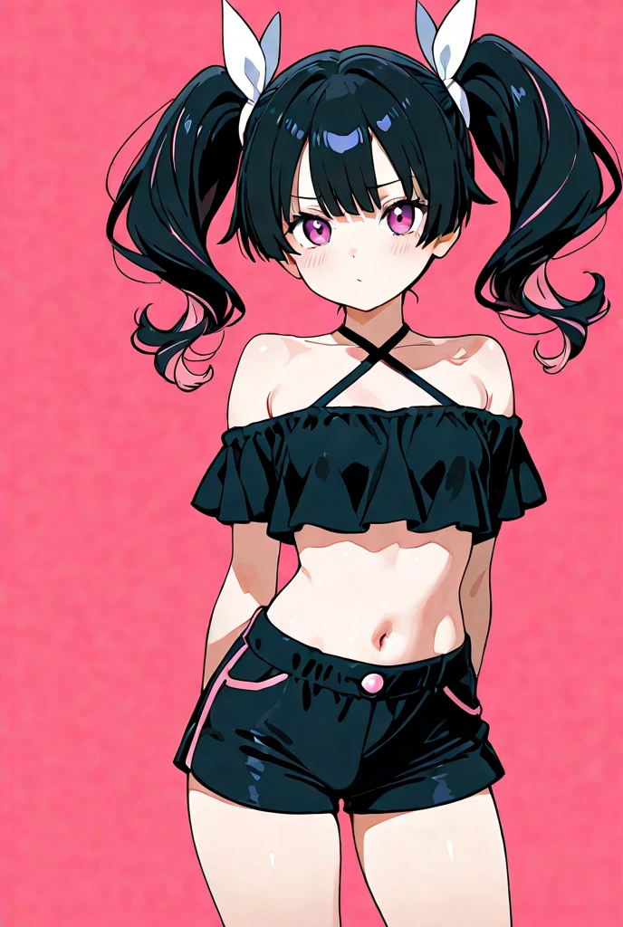 ((young 2girl ,short stature,gyaru)) ,flat chest,black hair, twintail ,,nsfw,heavyset,looking at viewer.stand,frilled pink striped swimsuits, evil smiling,condom belt,slum