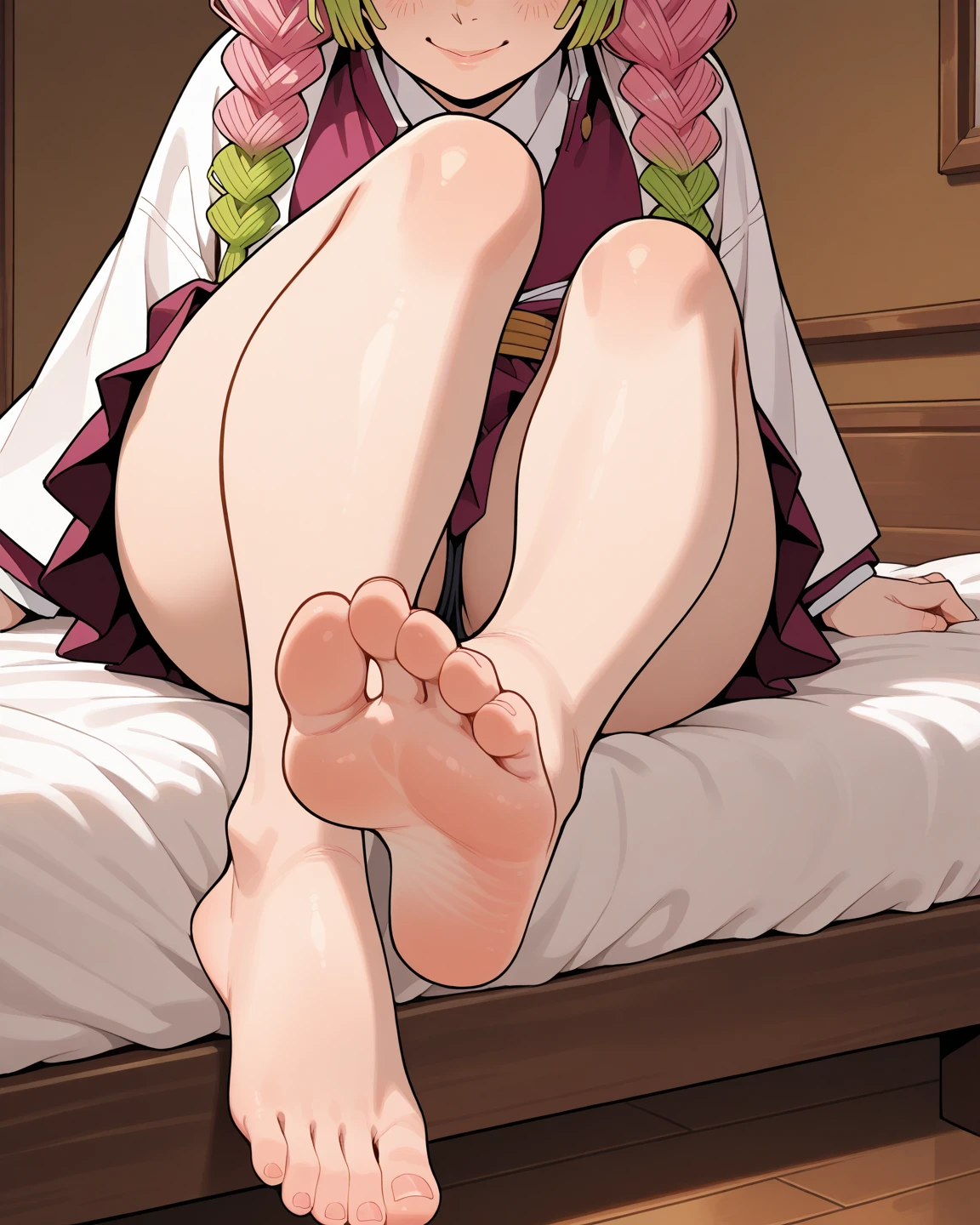 1girl, pussy juice, white lace panties, blush, best quality, (masterpiece:1.2), highly detailed,1girl, solo, wide-eyed, large eyes, smile, looking at viewer, blush, (((spread legs))), (((lying, on back))), knees to chest, hands on crotch, camel toe, beatrice, two side up, cute, kawaii, , slim legs, (((white background)))